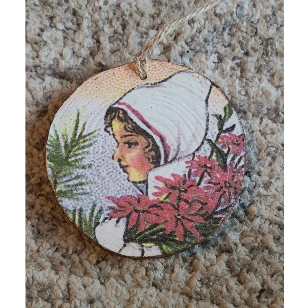 Vintage Style Wood Slice Christmas Ornament Girl in Winter Hood Rustic Decor